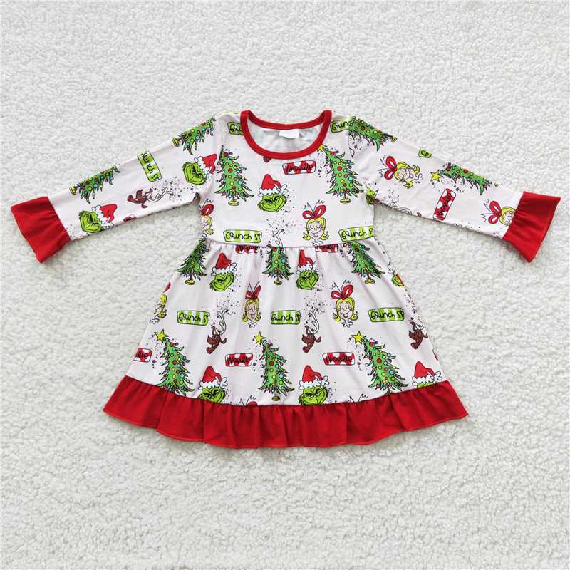 11.25 RTS NO MOQ (In stock)GLD0235 Baby Girls Christmas Frog Ruffle Knee Length Dresses