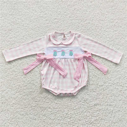 USA Shop (in stock)LR0334Pink plaid Christmas tree baby girls romper
