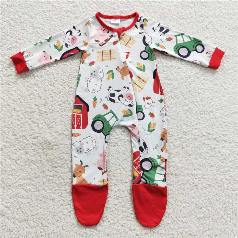 RTS LR0379 Farm red house cow pig sheep animal red edge zipper long sleeve jumpsuit
