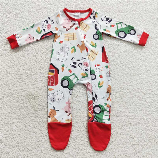 RTS LR0379 Farm red house cow pig sheep animal red edge zipper long sleeve jumpsuit