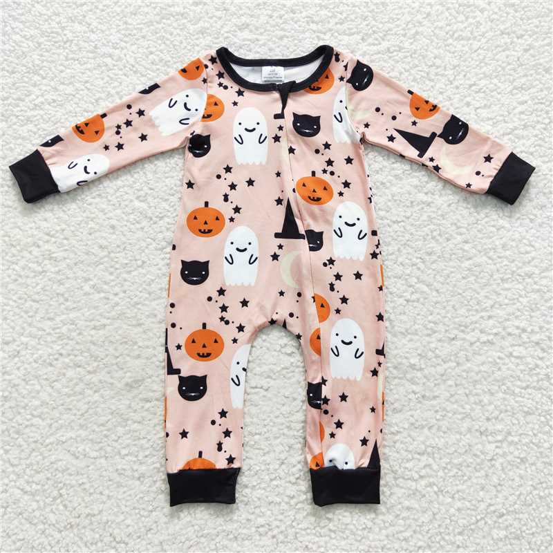 RTS LR0474 Ghost Pumpkin Star Moon Zipper Long Sleeve Bodysuit