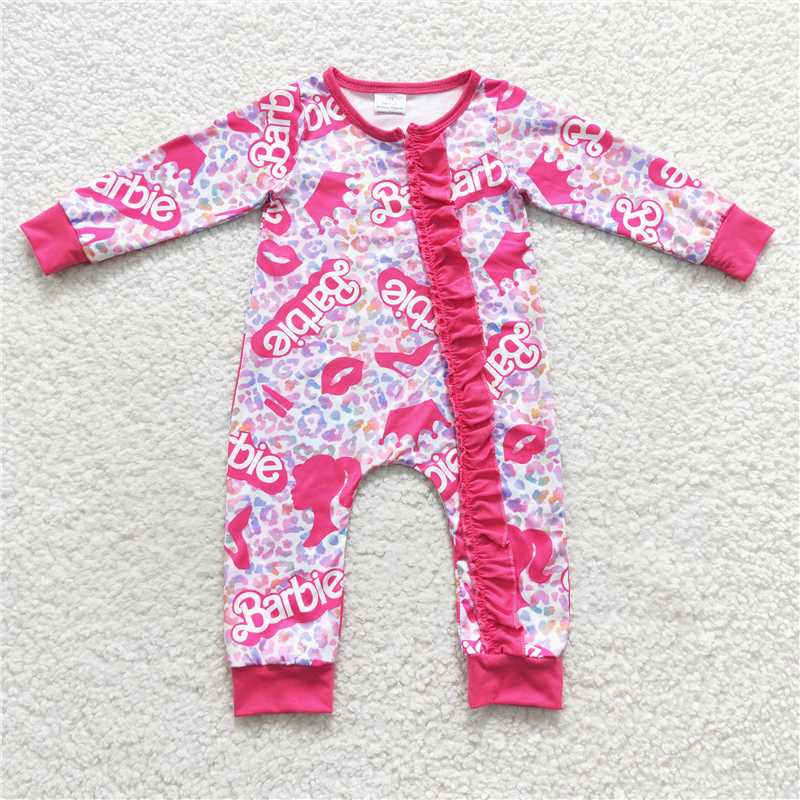 LR0481Hot pink leopard party baby girls zipper romper