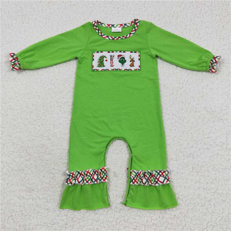 LR0324Green face long sleeves ruffle baby girls Christmas romper
