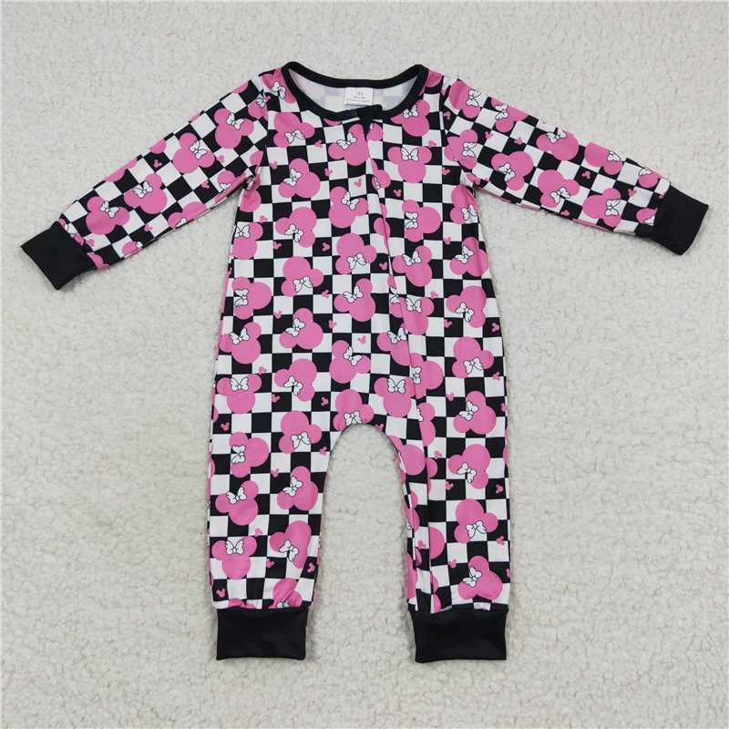 LR0478Pink mouse plaid long sleeves baby girls zipper romper