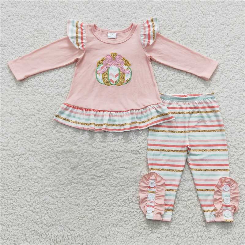 GLP0513Pumpkin bow top stripe leggings girls fall outfits