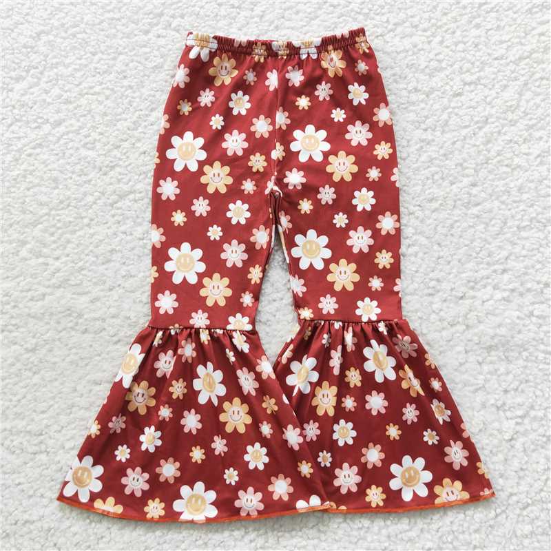P0206 Baby Girls Brown Flowers Bell Bottom Pants