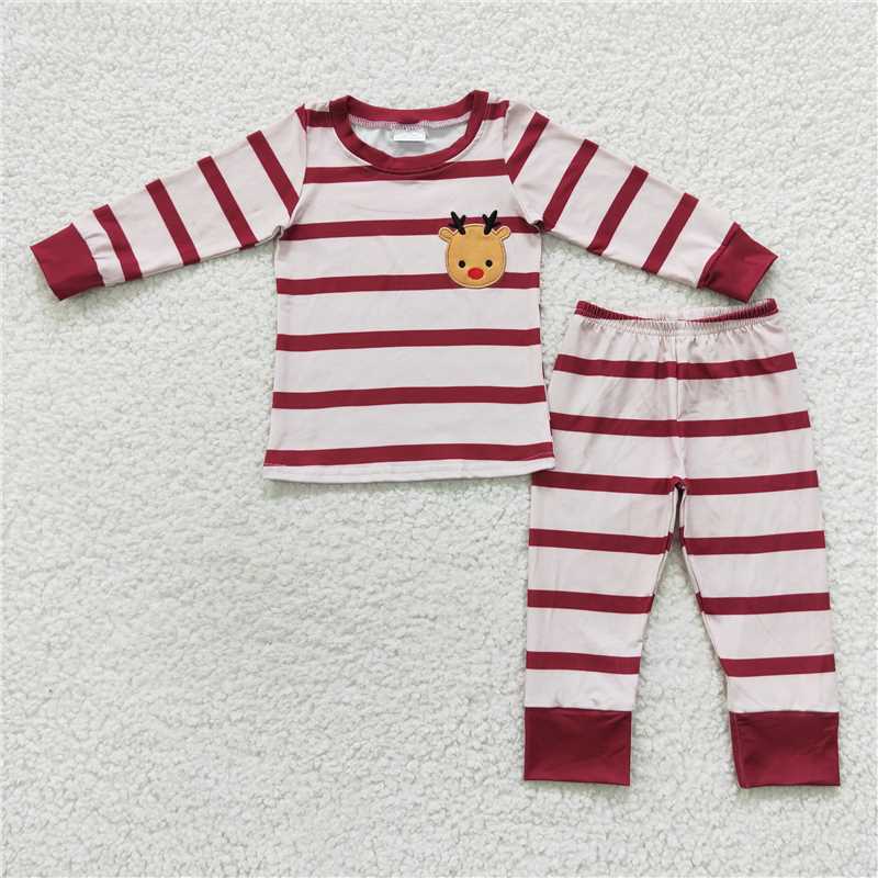 GLP0549 Embroidered reindeer red striped long sleeve trousers set