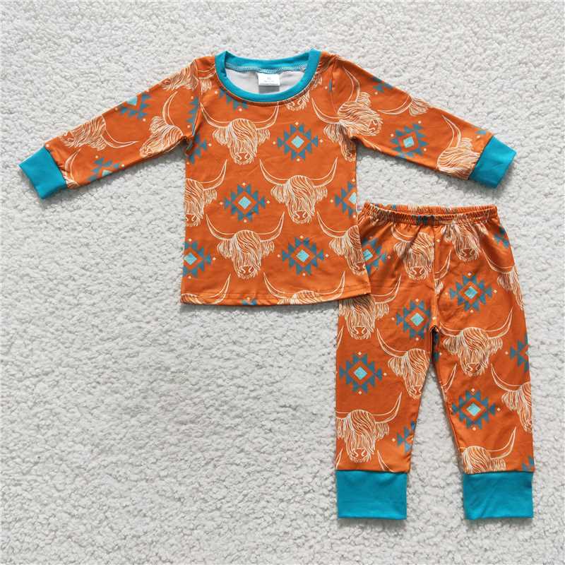 BLP0206Highland cow aztec long sleeves kids boy pajamas