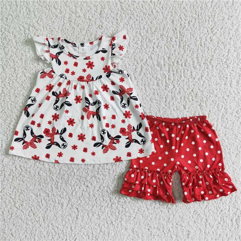 C8-21 heifer red bow bull head red polka dot shorts