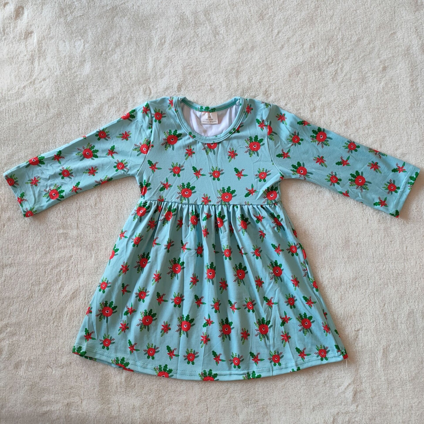 9.17 RTS NO MOQ(In stock)G2-20.* Baby Girls Winter Dress Baby Girls Red flower and green leaf long sleeve dress