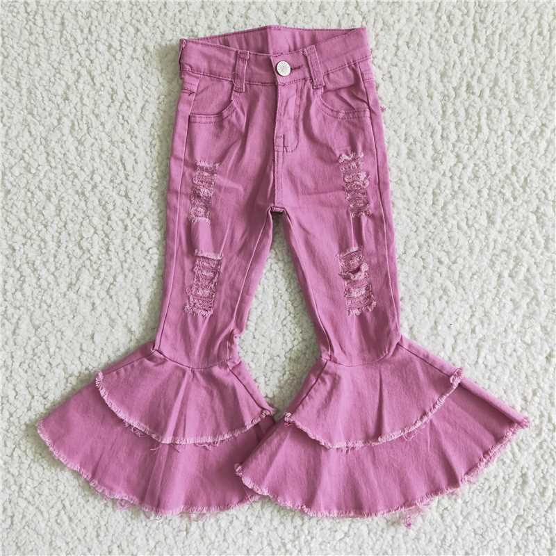 C13-11 Baby girls lavender distressed denim double ruffle bell pants