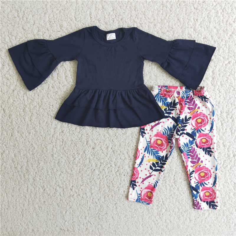 6 A26-18Navy cotton top floral leggings baby girls clothing