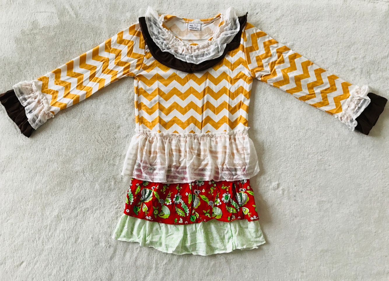 9.26 RTS NO MOQ(In stock)G3-12'' Baby Girls Winter Dress Light yellow wavy white lace long-sleeved dress