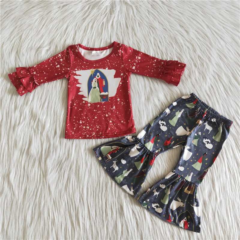 6 A22-13Nativity print bell bottom pants Christmas outfits