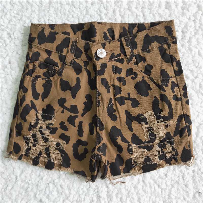 B4-16 Baby Girls Leopard distressed denim shorts