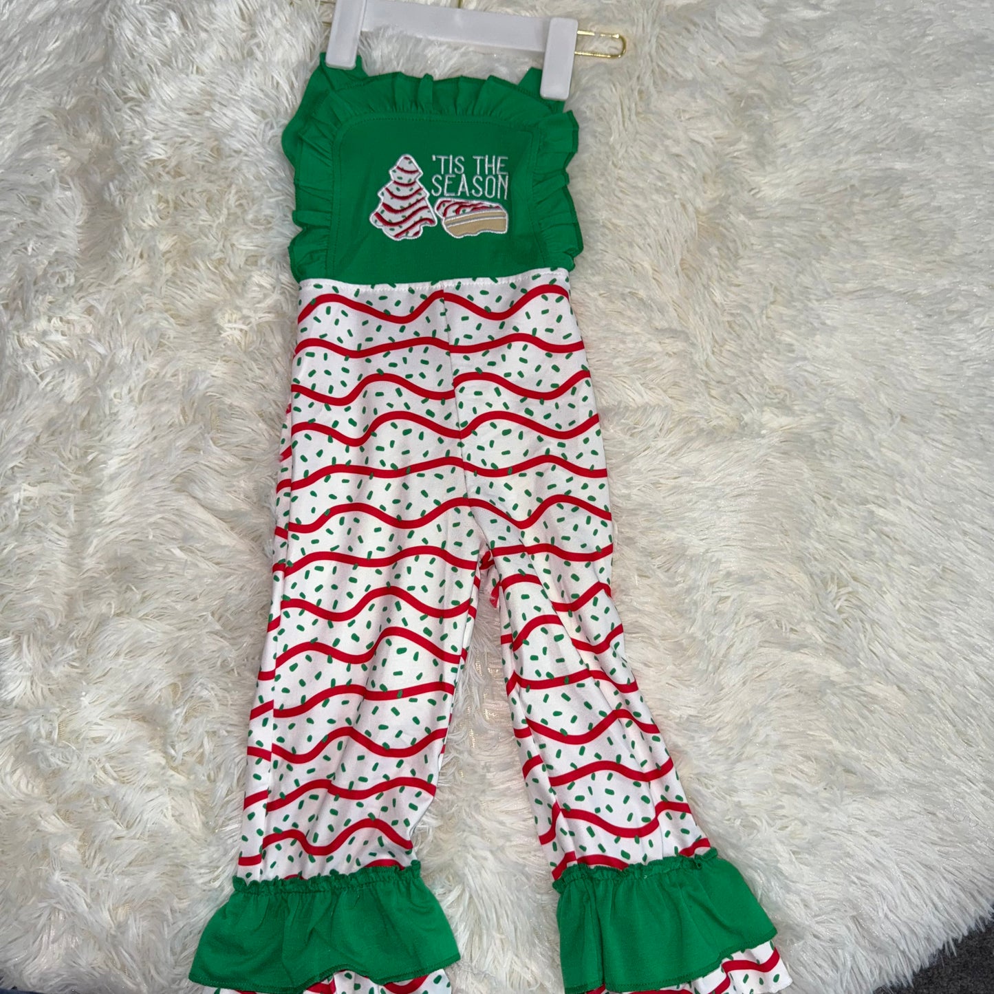 11.7 RST SR3178 Embroidery Baby Girls Green Strap Red Stripe Trees Ruffle Pant Jumpsuits