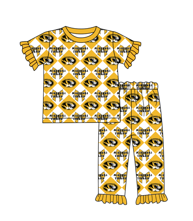 CUSTOM MOQ 5 Baby Girl Clothes Yellow Bow Plaid Top Pants Team Pajamas Sets