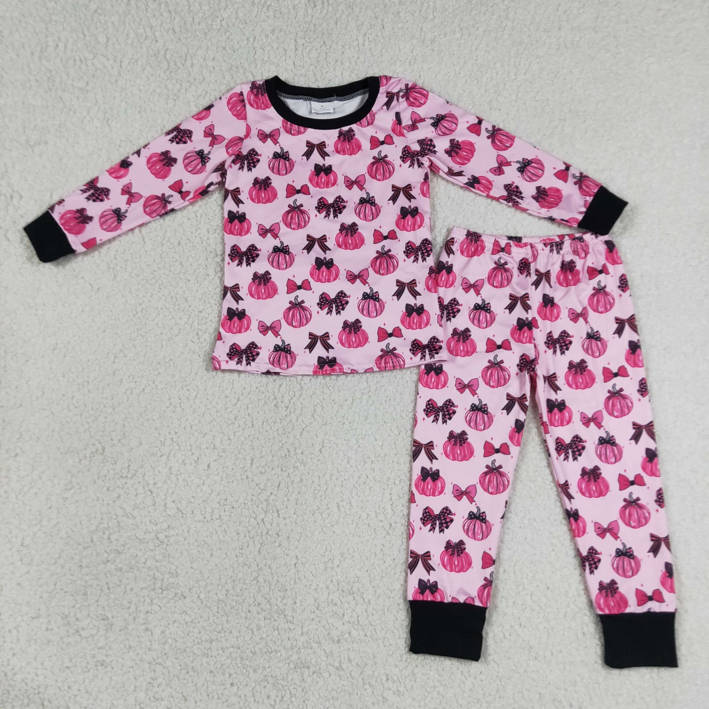 GLP3375 RTS NO MOQ (In stock)Long sleeves pink pumpkin bow kids girls fall pajamas