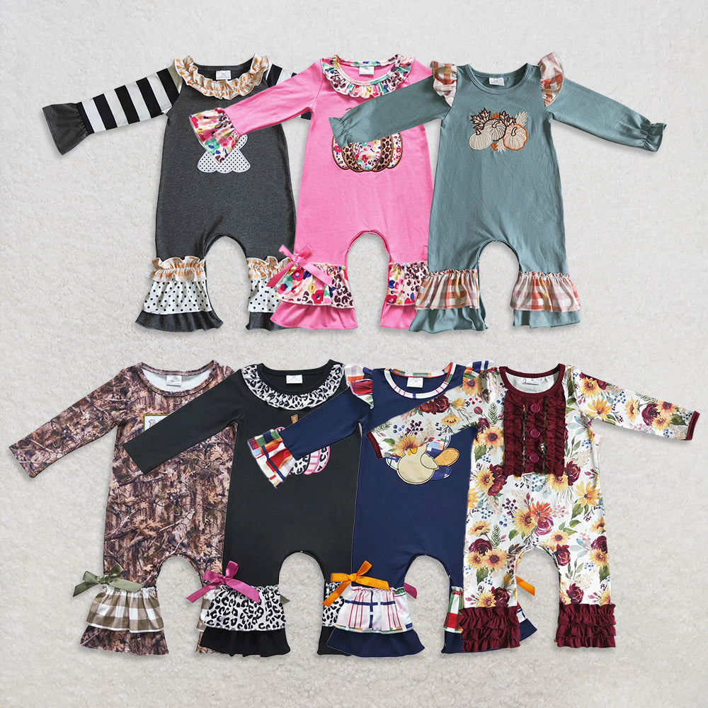 USA Warehouse (IN STOCK) Floral Leopard Pumpkin Ruffle Baby Romper Long Sleeve Cotton Fall Outfit with Pumpkin Embroidery for Infants