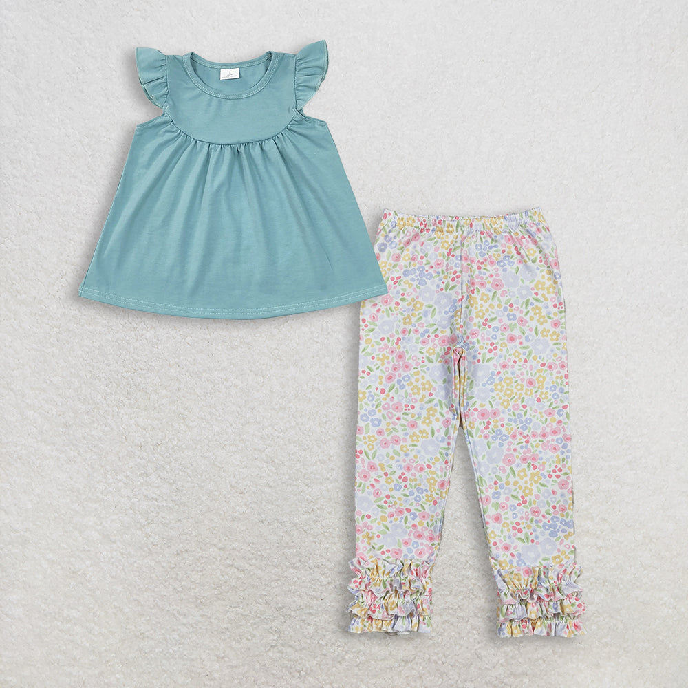 3.11 RTS NO MOQ (In stock)GT0460 + P1005 Baby Girls Blue Cotton Flutter Sleeve Tunic Tops Flowers Ruffle Legging Pants Bottom