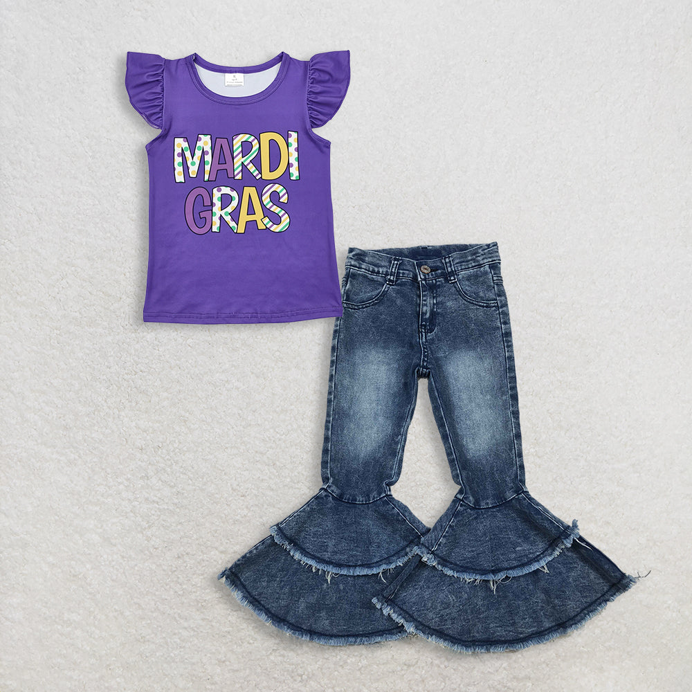 3.2 RTS NO MOQ (In stock)GT0814 + C5-15 Baby Girls Mardi Gras Summer Purple Shirt Denim Jeans Pants Clothes Sets