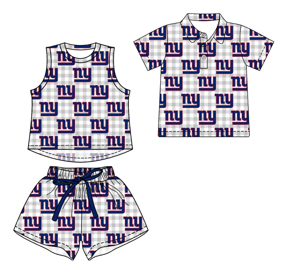 3.16 CUSTOM MOQ 5 Sibling Boys Baby Girls Summer Fashion Gray Check Purple ny Sleeveless Top Shorts Button Polo Shirts Team Clothes Sets