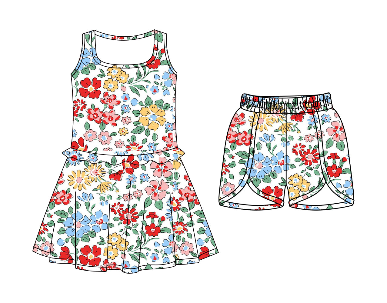 CUSTOM MOQ 5 Sibling Baby Girls Sleeveless Red Flowers Knee Length Dress Bottom Shorts Yoga Athletic Sets