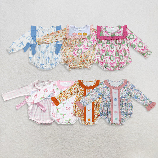 USA Warehouse (IN STOCK) Pink Plaid Christmas Tree Baby Girls Romper Long Sleeve Floral Design Pumpkin Pattern Fall Season Baby Outfit