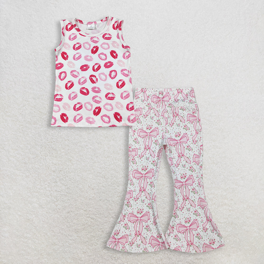 3.13 RTS NO MOQ (In stock)GT1419+ P0773 Baby Girls Sleeveless Pink Valentines Vest Tops Floral Bows Bell Bottom Yoga Active Pants