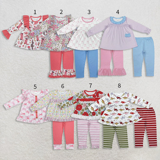 10.21 RTS Sibling Baby Girls Long Sleeves Colorful Floral Bows Plaid Tunic Ruffle Pants Sets