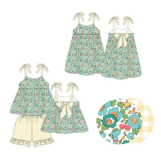 Yellow plaid straps floral tunic ruffle shorts girls clothes