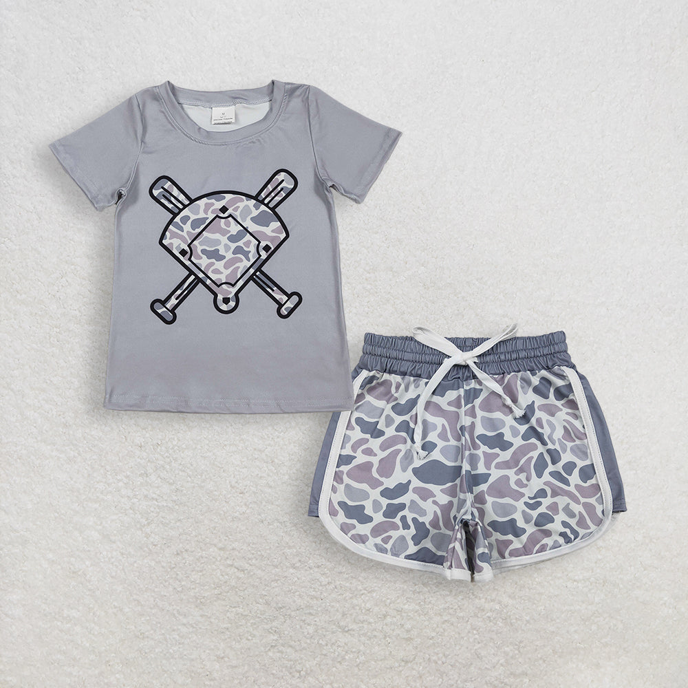 3.14 RTS NO MOQ (In stock)BT1421 + SS0740 Fashion Clothing For Baby Boys Light Grey Camo Baseballs Short Sleeve Team T-shirts Top Shorts Bottom