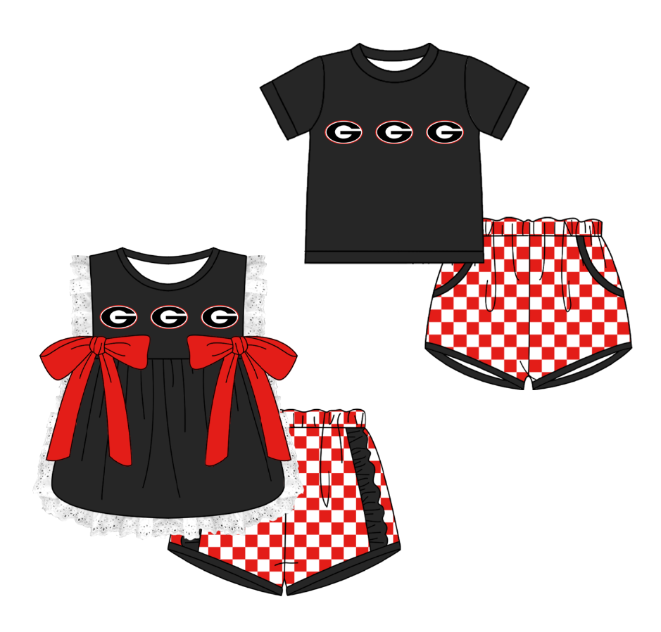CUSTOM MOQ 5 Cute Comfortable Clothing For Kids Sibling Boys Baby Girls Summer Black G Top Checked Shorts Team Clothes Sets