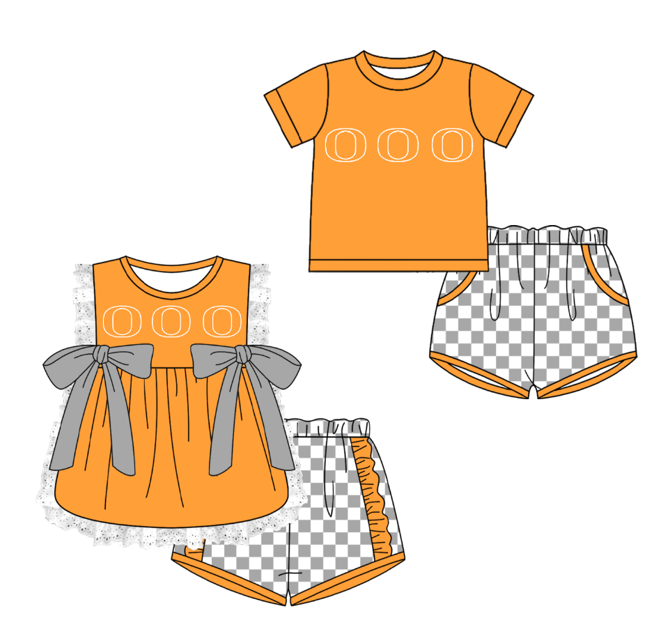 CUSTOM MOQ 5 Cute Comfortable Clothing For Kids Sibling Boys Baby Girls Summer Orange Bow Top Gray Checked Shorts Team Clothes Sets