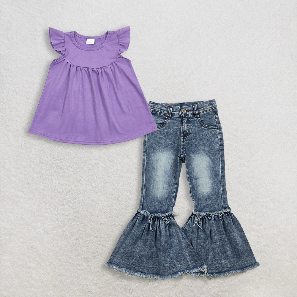 3.10 RTS NO MOQ (In stock)GT0461 + P0676 Baby Girls Lavender Flutter Sleeve Tunic Tops Denim Pants Jeans Clothes Set