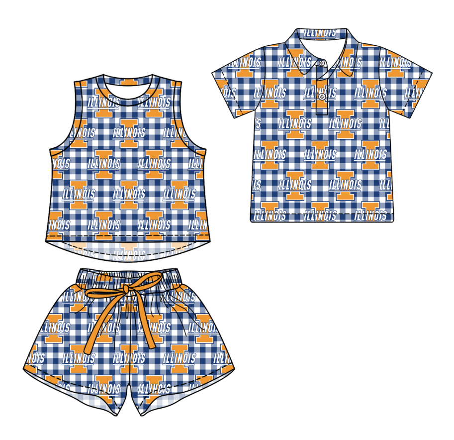 3.16 CUSTOM MOQ 5 Sibling Boys Baby Girls Summer Fashion Blue Check Sleeveless Top Shorts Button Polo Shirts Team Clothes Sets