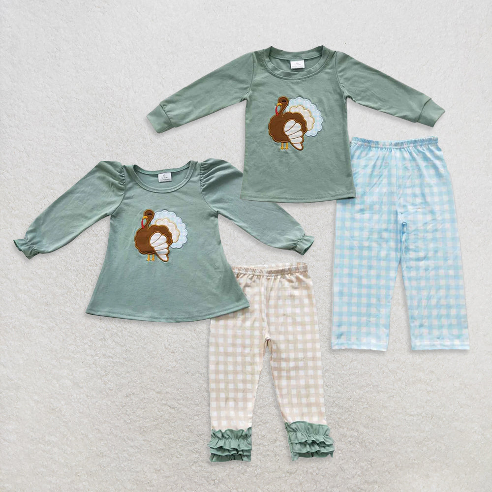 USA Warehouse (IN STOCK) Kids Thanksgiving Outfits Turkey Top Plaid Pants for Boys Icing Ruffle Leggings for Girls Holiday Clothing for Children
