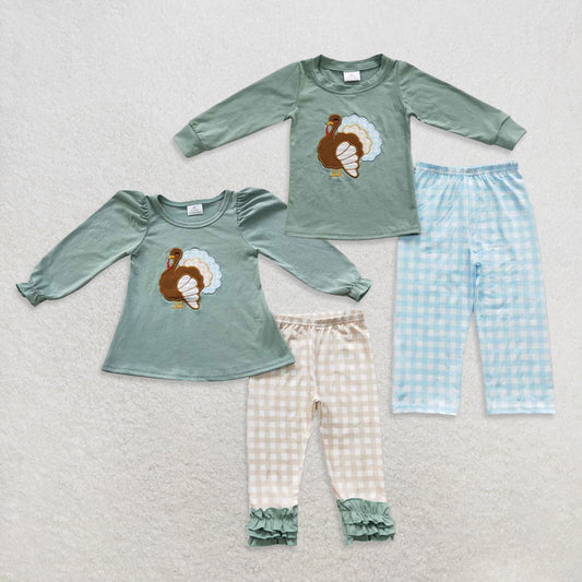 USA Warehouse (IN STOCK) Kids Thanksgiving Outfits Turkey Top Plaid Pants for Boys Icing Ruffle Leggings for Girls Holiday Clothing for Children