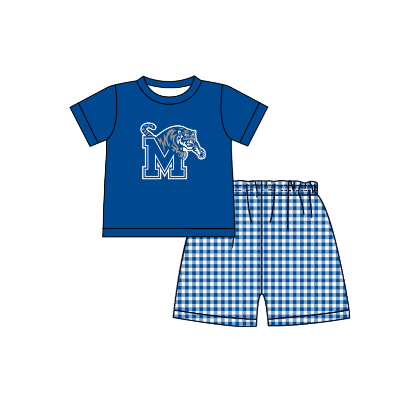 CUSTOM MOQ 5 Baby Boys Clothes Blue M Sleeveless Top Plaid Shorts Team Clothes Sets