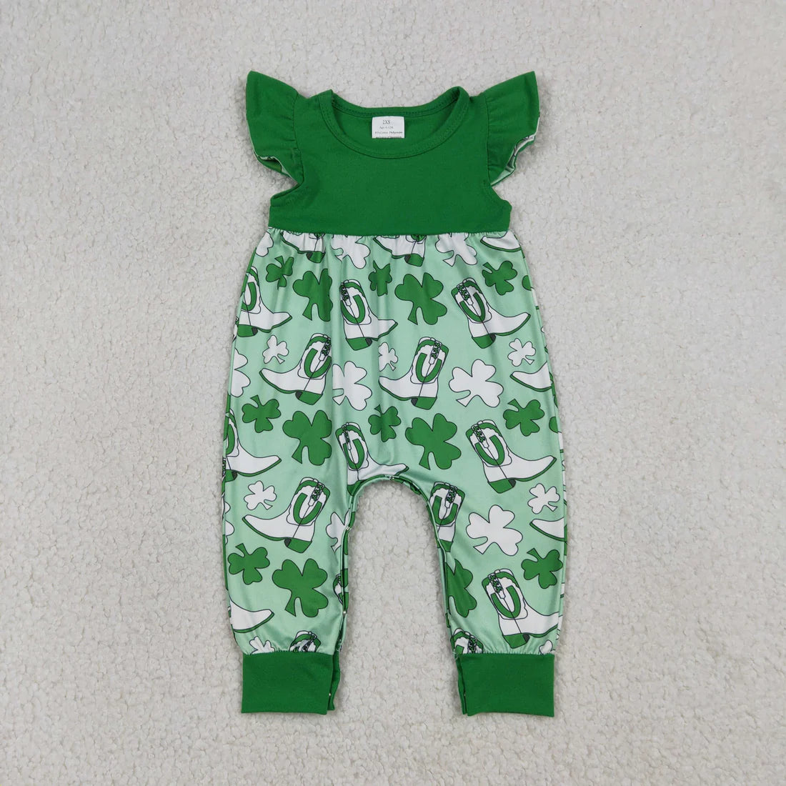 1.16 RTS Sibling Baby Girls Green Clovers Boots St Patrick Button Ruffle Knee Length Dress Rompers