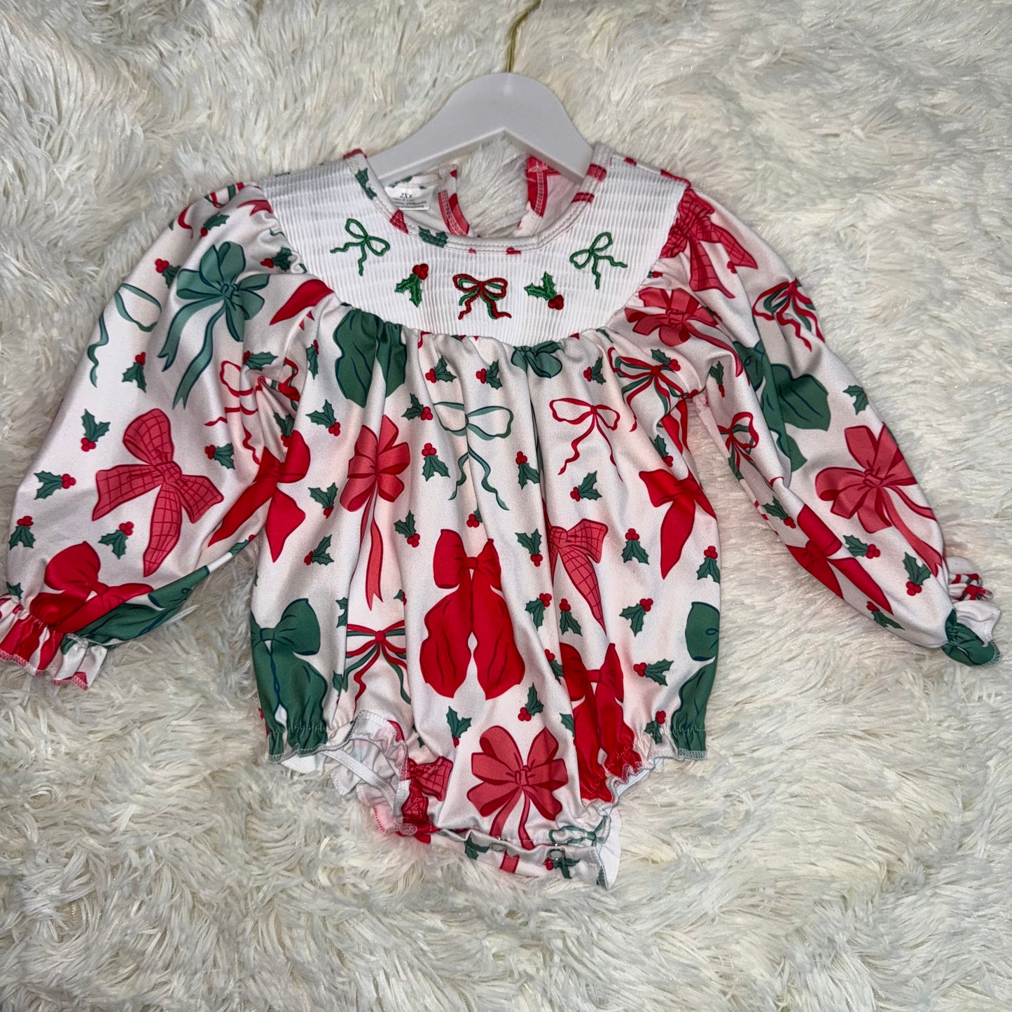 11.14 RST LR2217 Smocked Baby Girls Bows Holly Bows Plaid Christmas Ruffle Rompers