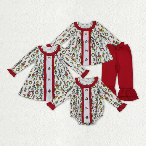 10.16 RTS Sibling Embroidery Grin Bows Baby Girls Tunic Ruffle Pant Christmas Clothes Sets Ruffle Rompers