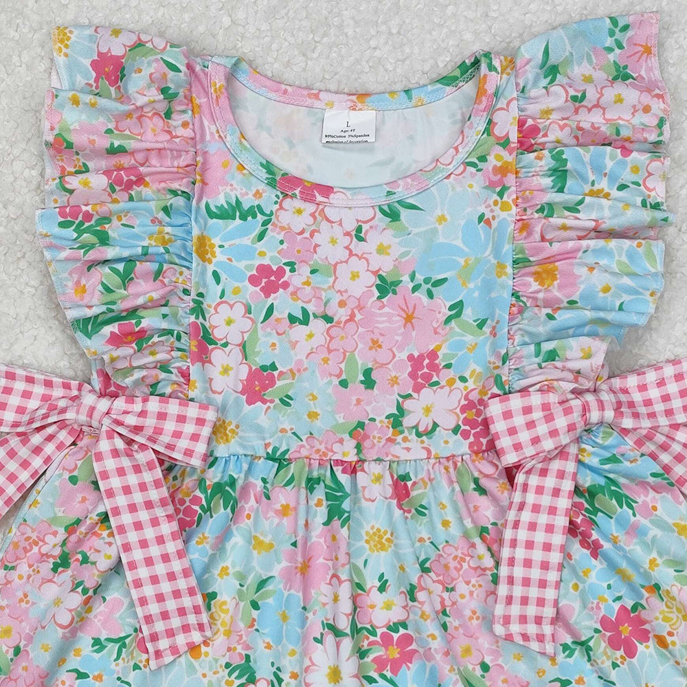 GSD1962Floral Pink Plaid Bow Baby Girls Sleeveless Summer Dress Cute Children's Clothing