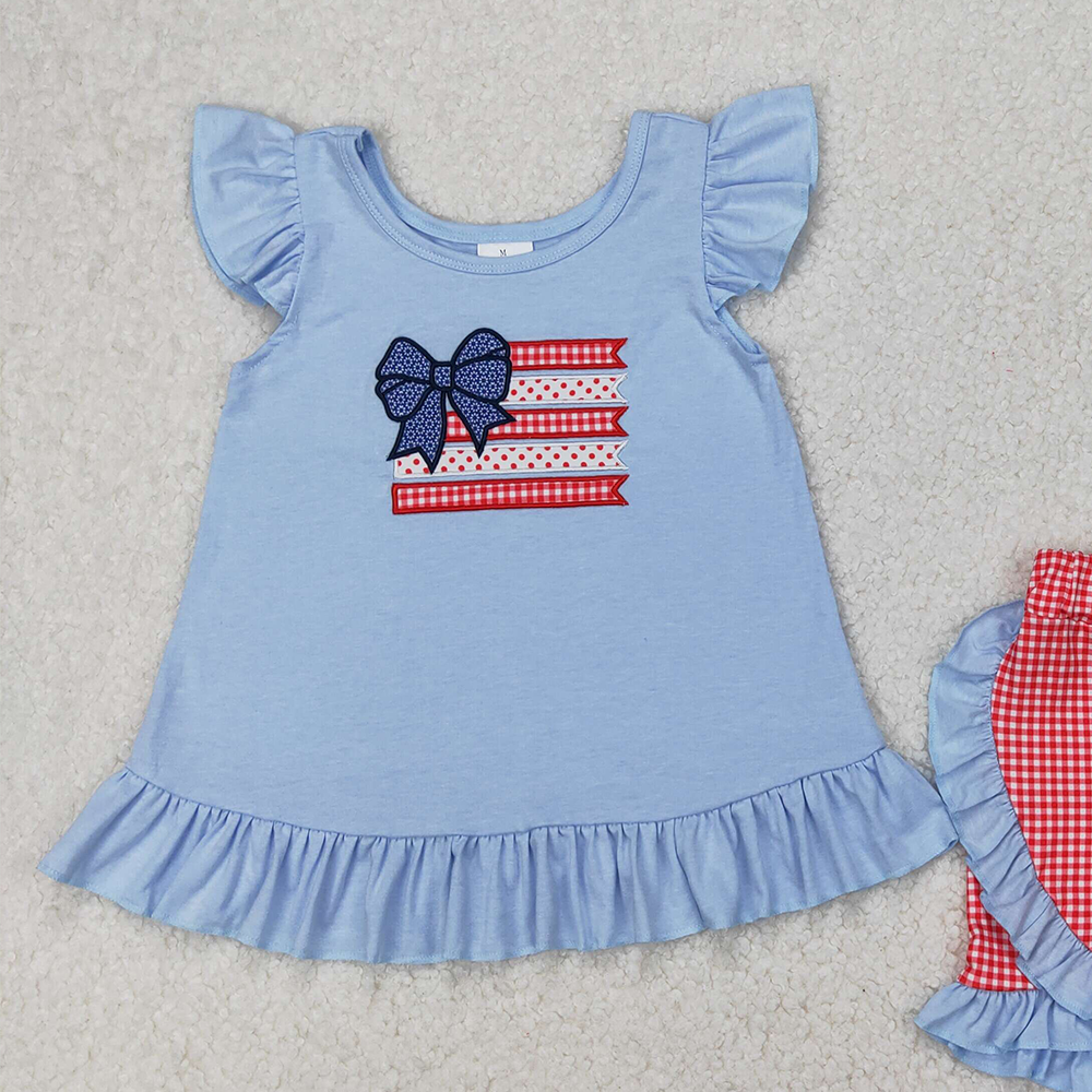 6.03 GSSO1822 New Rts No Moq 8-9 Days By Air Arrived it Flutter sleeves bow flag kids girls 4th of july outfits