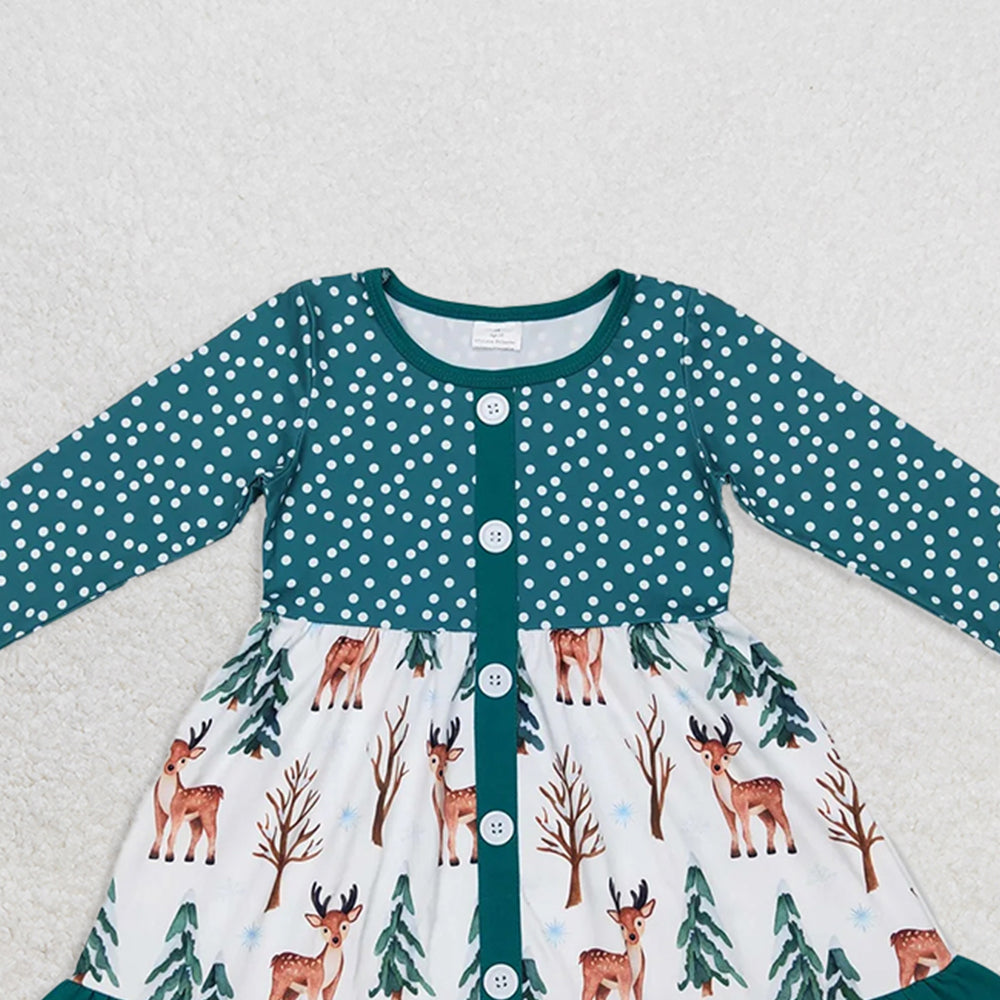 GLD0429 RTS NO MOQ Baby Girls Winter Dress Baby Girls Christmas Tree Deer Long Sleeve Ruffle Dresses