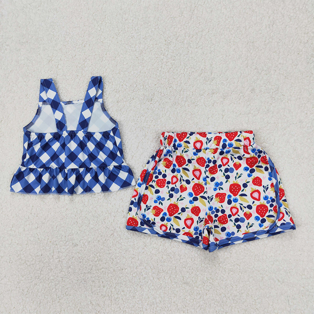 6.11 GSSO2025 RTS NO MOQ Baby Girls Summer Outfits Baby Girls Blue Plaid Sleeveless Button Down Tunic Strawberry Short Set