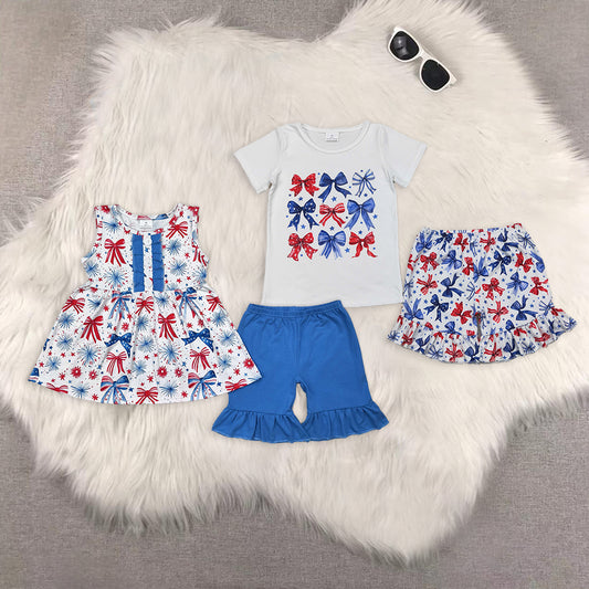 8.13  RTS Sibling Baby Girls Summer Outfits Sleeveless blue red bow tunic shorts girls 4th of july outfits