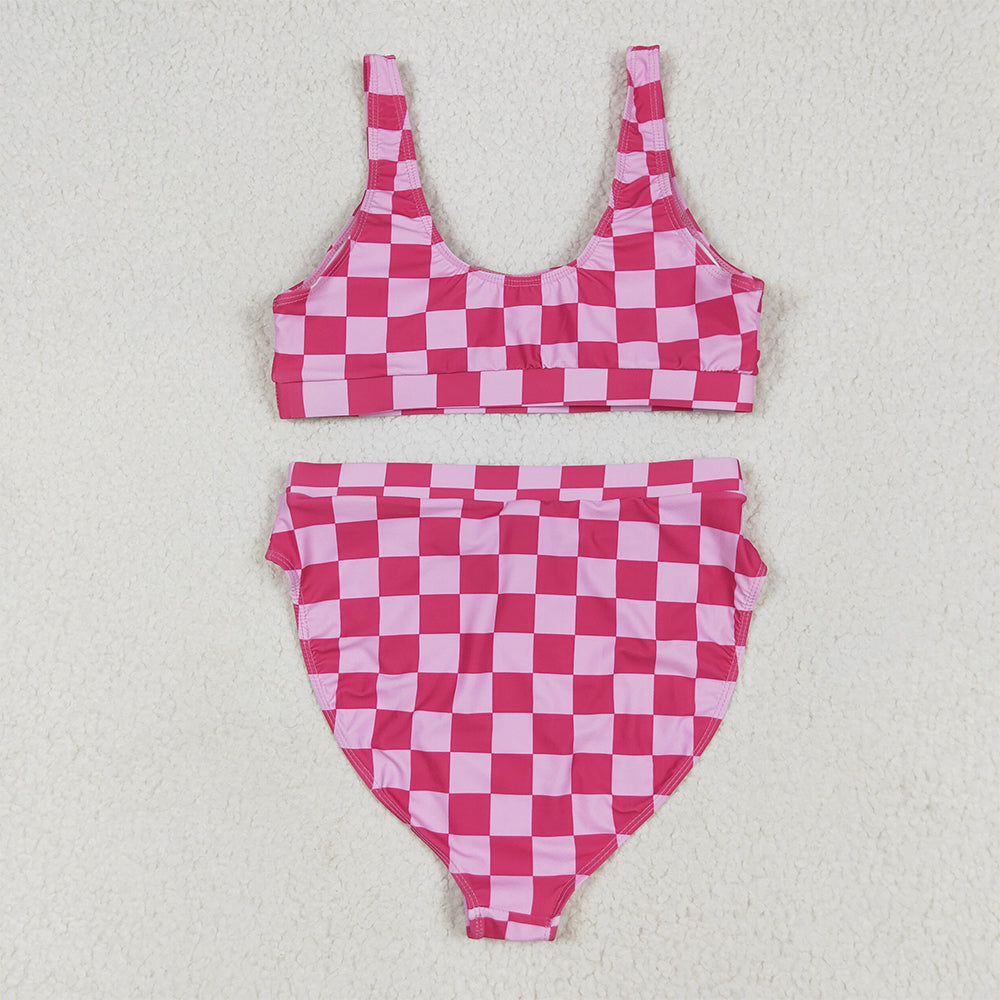 S0561+S0560 RTS NO MOQ Adult Women's Swimsuit Adult Women Pink Checkered Bra Swim Top Adult Women Pink Checkered Swim Bottom Sets