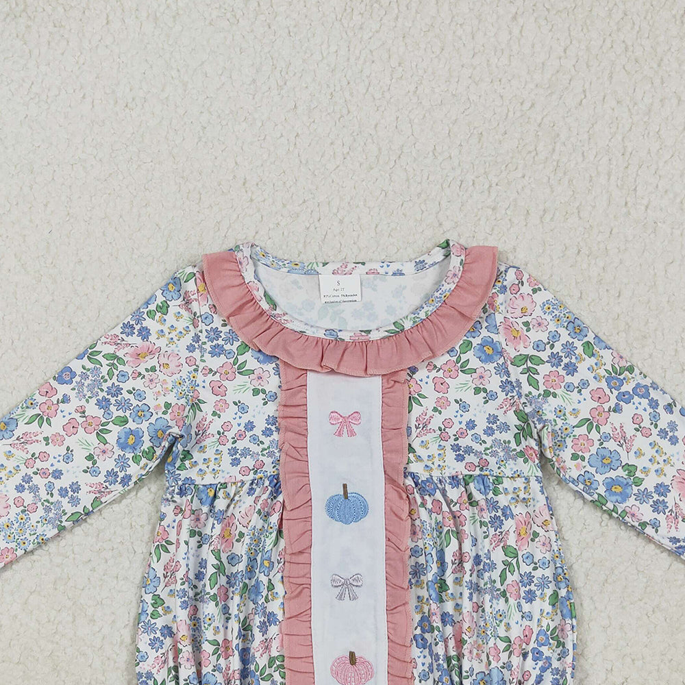 RTS NO MOQ (In stock)LR2273 Baby Girls Winter Rompers Embroidery Baby Girls Long Sleeves Floral Bows Pumpkins Ruffle Rompers