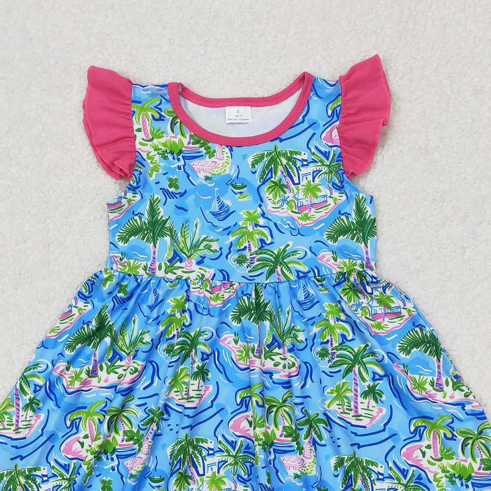 4.22 GSD1928 RTS NO MOQ Flutter sleeves watercolor blue boat trees girls summer dress